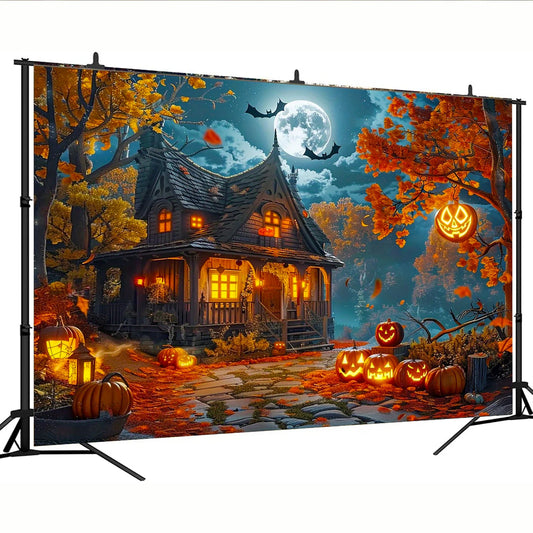 One Halloween full-month haunted house background, featuring a witch's house, autumn leaves and little ghost lanterns.