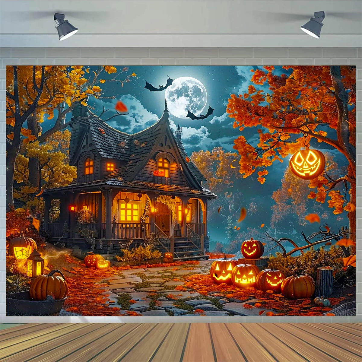 One Halloween full-month haunted house background, featuring a witch's house, autumn leaves and little ghost lanterns.