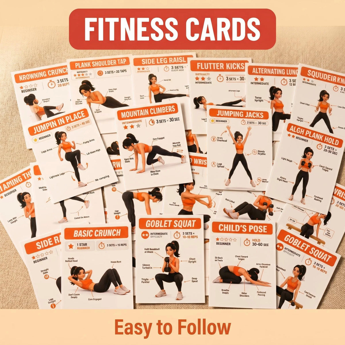 Fitness Guide Cards, Including Strength Training, Core Strengthening, and Home Stretching, Illustrated Step-By-Step Exercise Guide Set, Exercise Flash Cards Suitable for Home Fitness and Travel