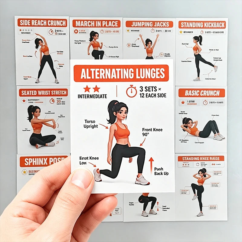 Fitness Guide Cards, Including Strength Training, Core Strengthening, and Home Stretching, Illustrated Step-By-Step Exercise Guide Set, Exercise Flash Cards Suitable for Home Fitness and Travel
