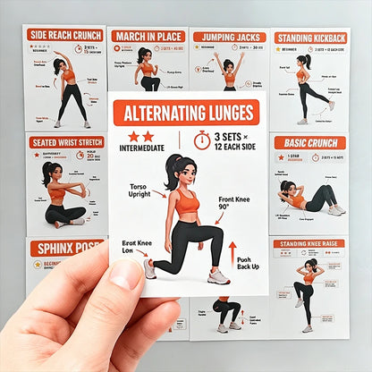 Fitness Guide Cards, Including Strength Training, Core Strengthening, and Home Stretching, Illustrated Step-By-Step Exercise Guide Set, Exercise Flash Cards Suitable for Home Fitness and Travel