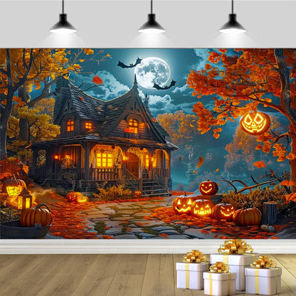 One Halloween full-month haunted house background, featuring a witch's house, autumn leaves and little ghost lanterns.