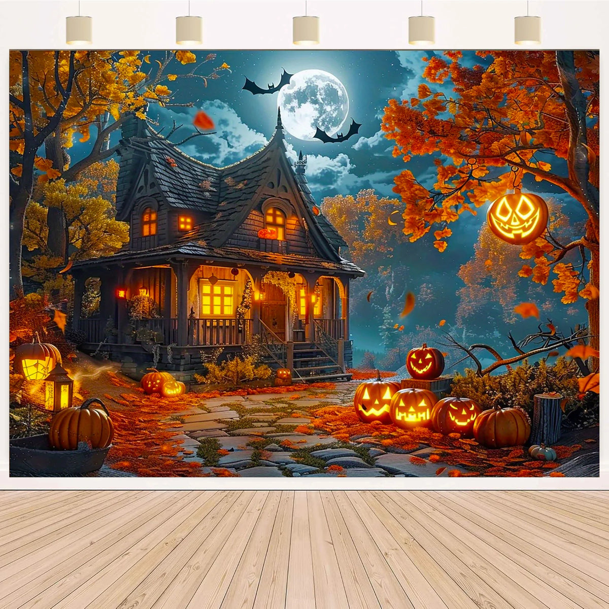 One Halloween full-month haunted house background, featuring a witch's house, autumn leaves and little ghost lanterns.