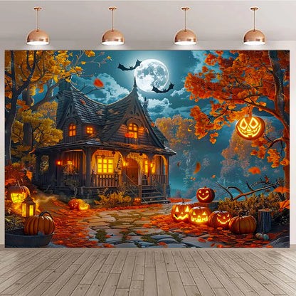 One Halloween full-month haunted house background, featuring a witch's house, autumn leaves and little ghost lanterns.
